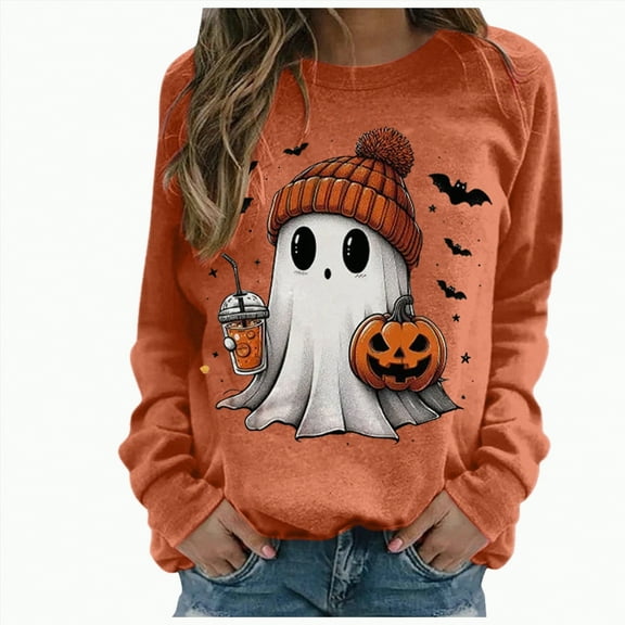 mgoYE Halloween Tshirts Women Halloween Sweatshirts for Women Ghost Pumpkin Long Sleeve Shirt Graphic Tees Fall Pullover Tops(Orange,L)