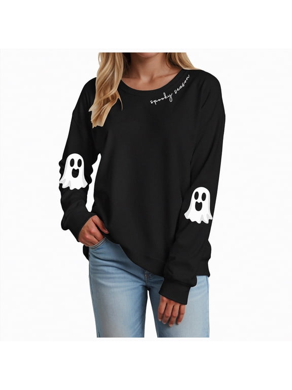 Halloween Tshirts Women Sweatshirts Halloween Ghost Sweatshirt Women - Halloween Graphic Crewneck Tops Casual Sweater(Black,2XL)
