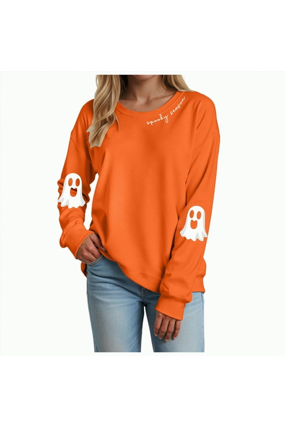Halloween Tshirts Women Sweatshirts Halloween Ghost Sweatshirt Women - Halloween Graphic Crewneck Tops Casual Sweater(Orange,L)