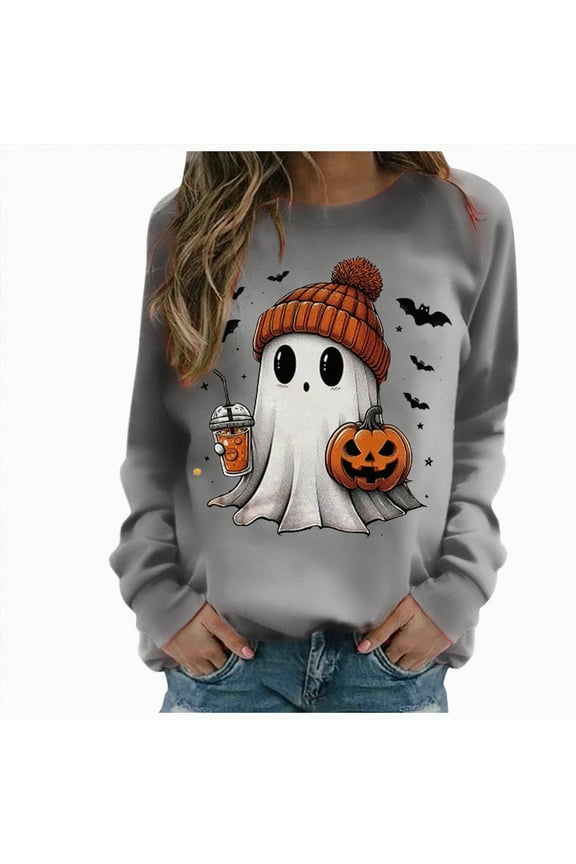 Halloween Tshirts Women T Shirts for Women Casual Western Graphic Pullover Tops Hoodies Tees Cowgirls Country Outfits(Grey,XL)