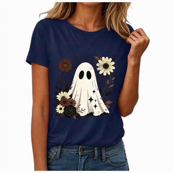 mgoYE Halloween Tshirts for Women Spooky Season T-Shirt Halloween Pumpkin Ghost Fall Tees Top Shirt Womens(Navy,S)