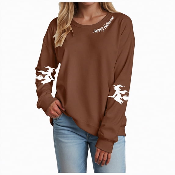 mgoYE Halloween Womens Clothing Halloween Sweatshirts for Women Ghost Pumpkin Long Sleeve Shirt Graphic Tees Fall Pullover Tops(Brown,S)