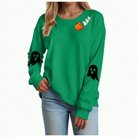 mgoYE Halloween Womens Clothing Long Sleeve Crewneck Casual Dressy Tops Funny Graphic Halloween Costumes Fall Fashion Outfits(Green,L)