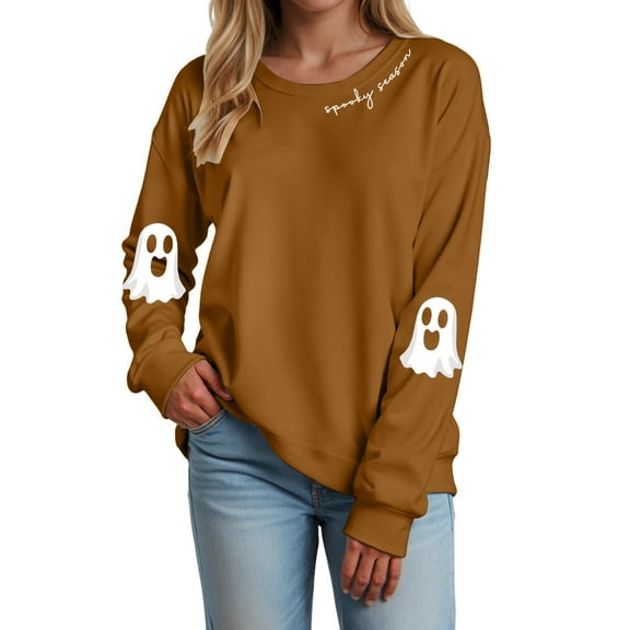 mgoYE Halloween Womens Clothing Sweatshirts Halloween Ghost Sweatshirt Women - Halloween Graphic Crewneck Tops Casual Sweater(Brown,XL)