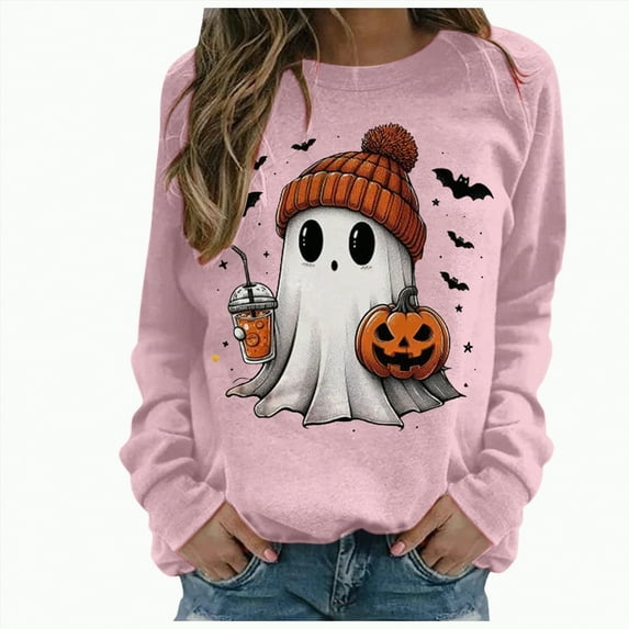 mgoYE Halloween Womens Clothing Sweatshirts Halloween Ghost Sweatshirt Women - Halloween Graphic Crewneck Tops Casual Sweater(Pink,L)