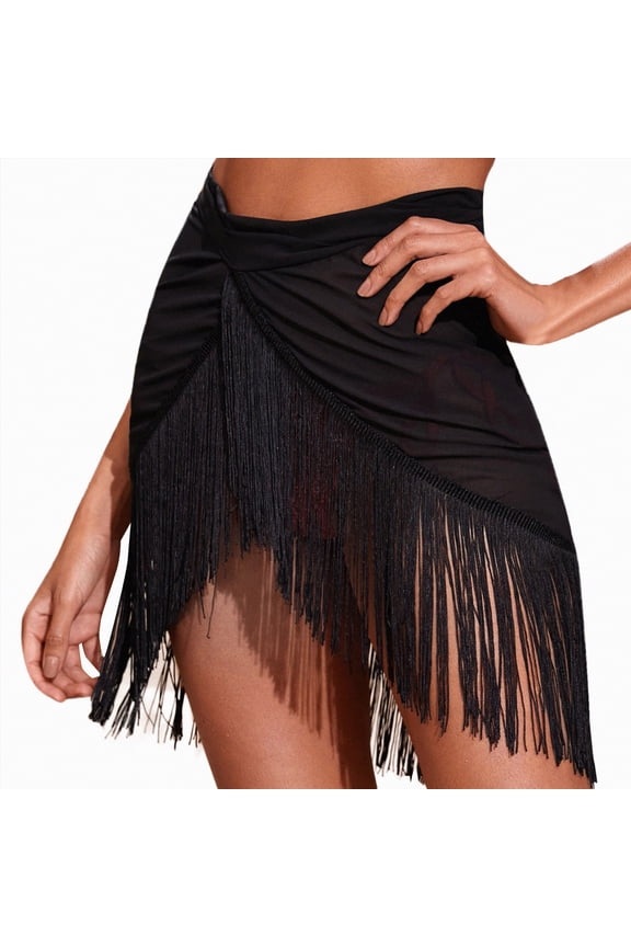 High Waisted Bikini Bottoms Beach Cover Up Wraps for Women Swimsuit Coverups Tassels Bikini Short Skirts for Swimwear(Black,L)