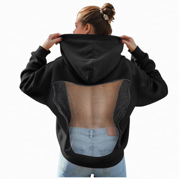 mgoYE Hoodie Hollow Mesh Back Women's Sweatshirt Casual Long Sleeve Pocket(Black,S)