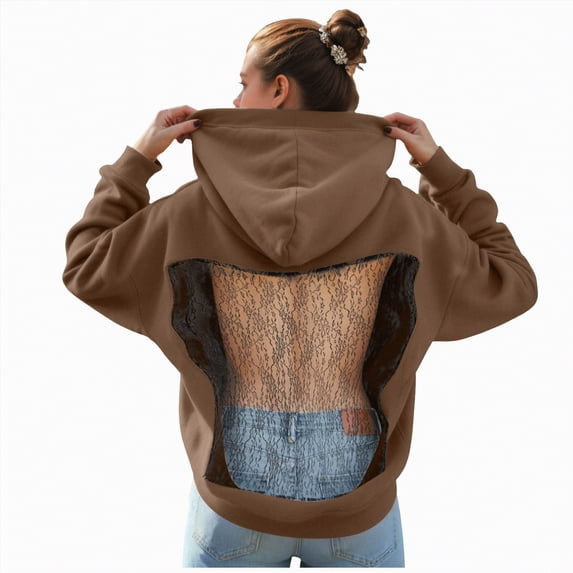 mgoYE Hoodie Hollow Mesh Back Women's Sweatshirt Casual Long Sleeve Pocket(Coffee,XS)