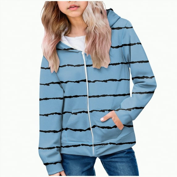 mgoYE Hoodie for Teenager Girls Long Sleeve Zip up with Pockets Bow Print Fashion Sweatshirt|Blue 13-14 Years