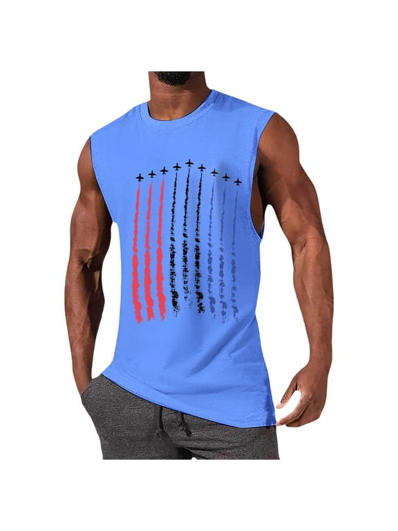 Independence Day Men's Tank Undershirts Muscle Graphic Gym Workout USA Sleeveless Tee Shirts Blue-XL