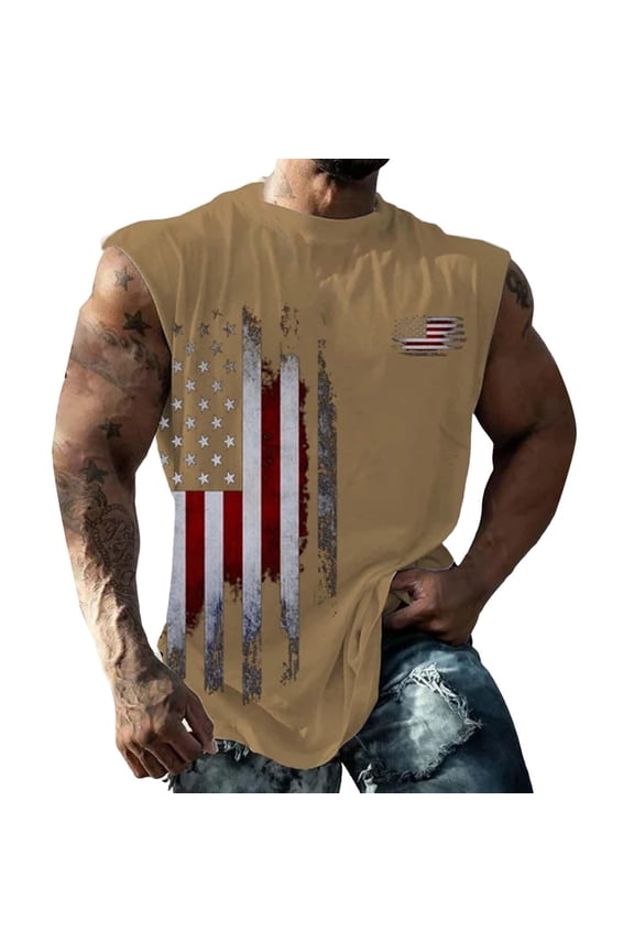 Independence Day Mens Muscle Tank Muscle Graphic Gym Workout USA Sleeveless Tee Shirts Khaki-3XL