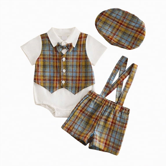 mgoYE Infant Baby Boy Gentleman Outfit Summer Romper Onesie Suspender Shorts Overalls Newborn Dress Clothes with Hat 3Pcs Suit(White,6-9 Months)