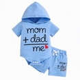 thumbnail image 1 of mgoYE Infant Baby Boy Summer Clothes Mom Dad Me Letter Print Short Sleeve Hooded Tops Drawstring Shorts Toddler Baby Boy Outfit 3 6 12 18 24 Months 3T(Blue,3-6 Months), 1 of 8
