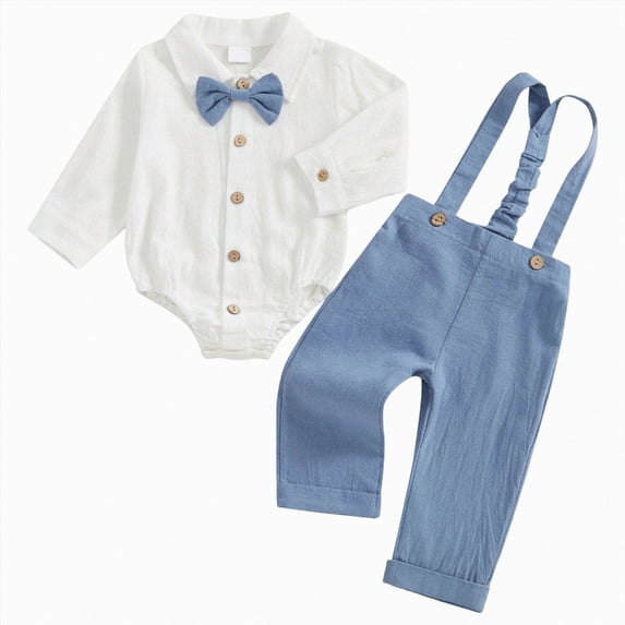 mgoYE Infant Baby Boys Outfits Long Sleeve Bowtie Romper+Suspender Overalls Pants Set Wedding Set Formal(Blue,3-6 Months)