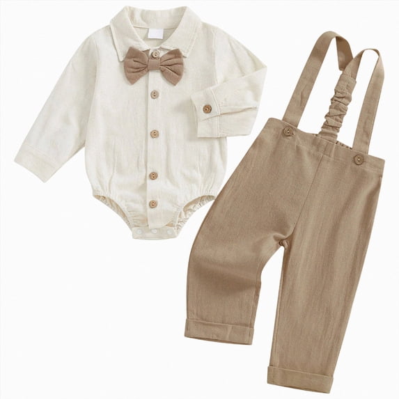 mgoYE Infant Baby Boys Outfits Long Sleeve Bowtie Romper+Suspender Overalls Pants Set Wedding Set Formal(Khaki,0-3 Months)