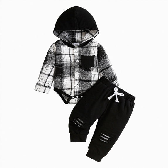 mgoYE Infant Baby Fall Clothes Boy Girl 1-3 Months Plaid Hoodie Sweatshirt Romper Flannel Tops+ Sweatpants Festival Outfits Black
