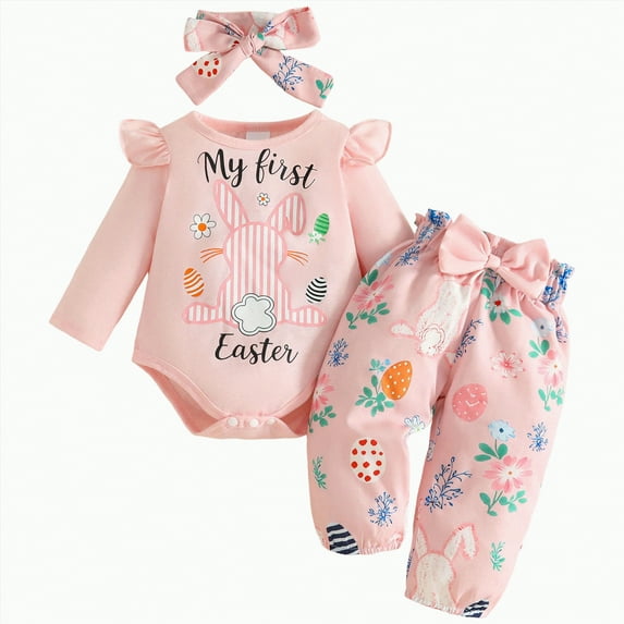 mgoYE Infant Baby Girl Easter Outfit Bunny Romper Jumpsuit Bodysuit Pant Set Newborn Fall Clothes(Red,6-12 Months)