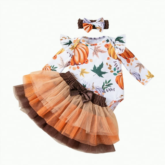 mgoYE Baby Girl Halloween Clothes Long Sleeve Romper with Lace Tutu Skirt Pumpkin Outfit Ghost Outfit(Orange,9-12 Months)