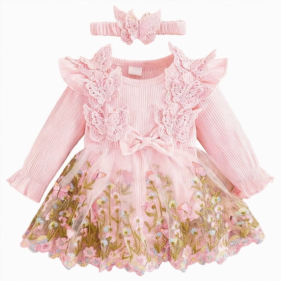 mgoYE Infant Baby Girl Romper Dress Baby Dress Romper Flowers Lace Fall Winter Clothes with Headband(Pink,1-3 Months)