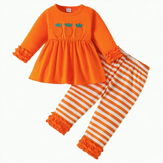 mgoYE Infant Toddler Baby Girl Easter Outfit Carrots Embroidery Ruffle Long Sleeve Top and Pant Set(Orange,18-24 Months)