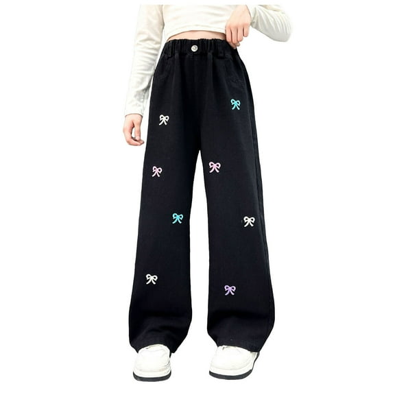 mgoYE Jean for Girls 7-16 Girl's Cute Heart Print Wide Leg Jeans Zipper Baggy Denim Pants with Pockets Kids Jeans Girls |Black,12-14 Years