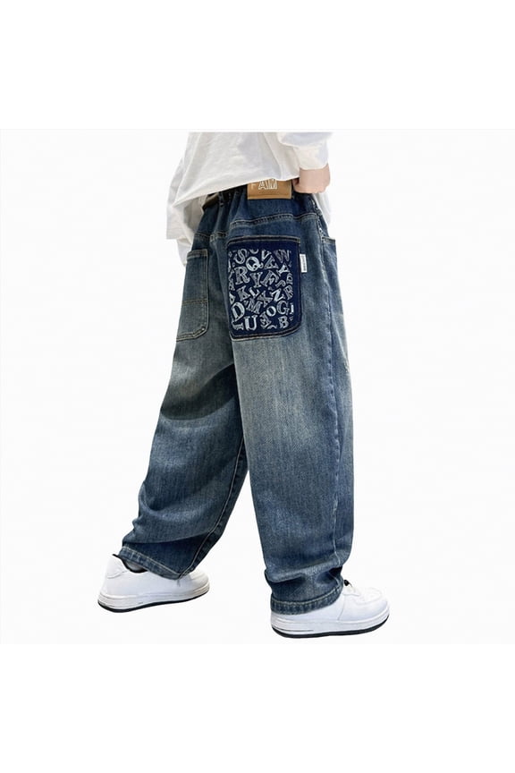 Jeans for Boys 14-16 Boys Baggy Jeans, Wide Leg Elastic Waist Denim Pants Loose Fit Trousers Vintage Y2K Streetwear(Blue,15-16 Years)