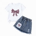 thumbnail image 1 of mgoYE Kid Girls Clothes Outfits Cute Bowknot Print T-Shirt + Bowknot 2 In 1 Denim Short Summer Clothing Set|White 5 Years, 1 of 7