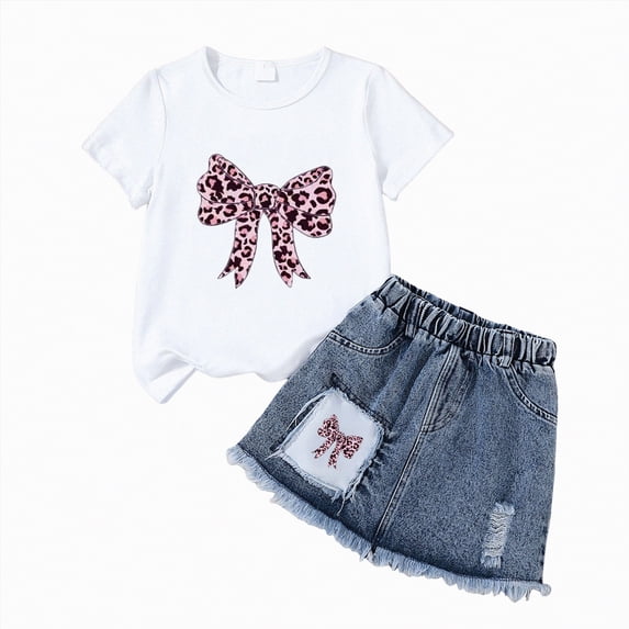 mgoYE Kid Girls Clothes Outfits Cute Bowknot Print T-Shirt + Bowknot 2 In 1 Denim Short Summer Clothing Set|White 5 Years