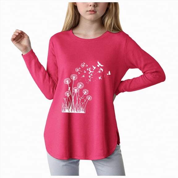 mgoYE Kid T-Shirt Girl Girls Long Sleeve Shirts Kids Crewneck Soft Tunic Tops Printed Shirt Curve Hem Side Slit T-Shirts(Red,13-14 Years)