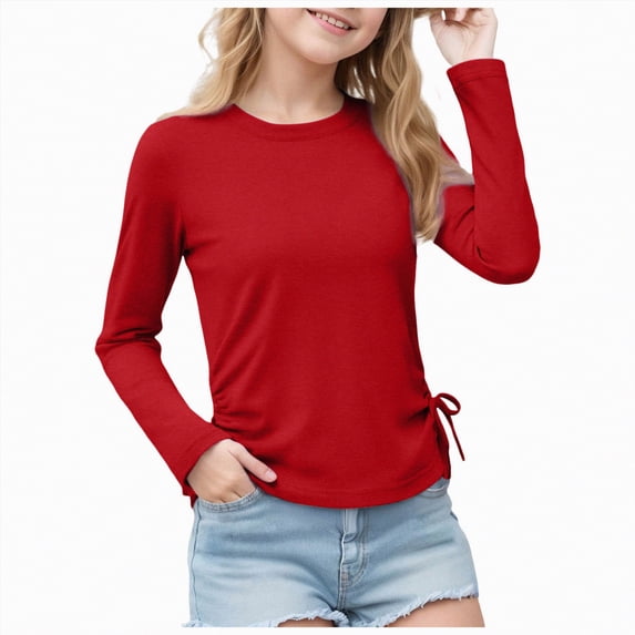 mgoYE Kid T-Shirt Girl Girls Long Sleeve Shirts Ruched Knot Side Tunic Blouse Tee Tops(Red,13-14 Years)