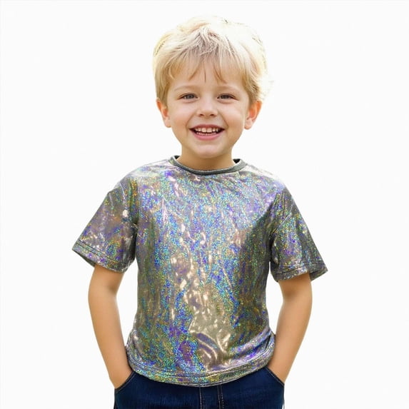 mgoYE Kids Boys Girls Metallic Shiny T-Shirt Dance Tops Short Sleeves Loose T-Shirt for Performance(Black,9-10 Years)