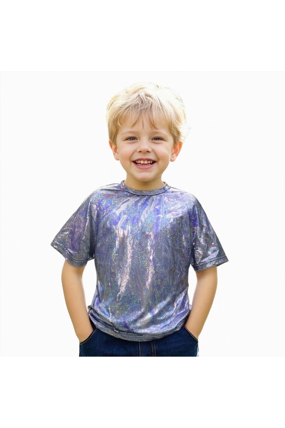 Kids Boys Girls Metallic Shiny T-Shirt Dance Tops Short Sleeves Loose T-Shirt for Performance(Blue,15-16 Years)