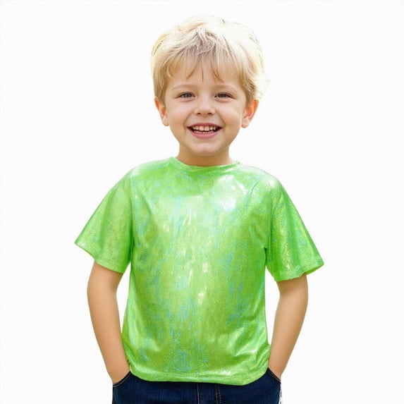 mgoYE Kids Boys Girls Metallic Shiny T-Shirt Dance Tops Short Sleeves Loose T-Shirt for Performance(Green,3-4 Years)
