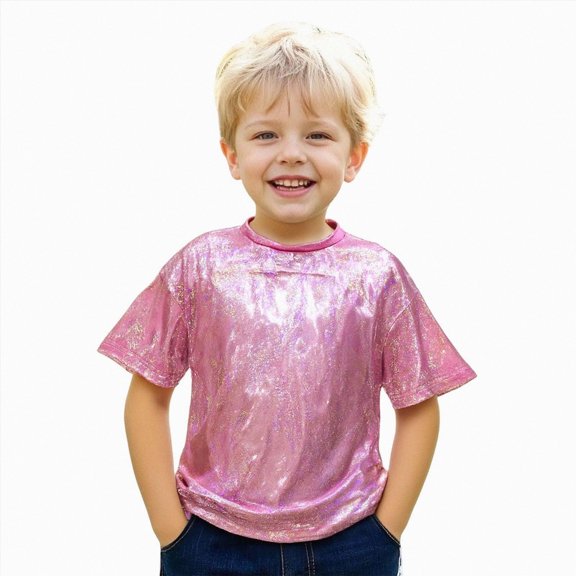 mgoYE Kids Boys Girls Metallic Shiny T-Shirt Dance Tops Short Sleeves Loose T-Shirt for Performance(Hot Pink,11-12 Years)