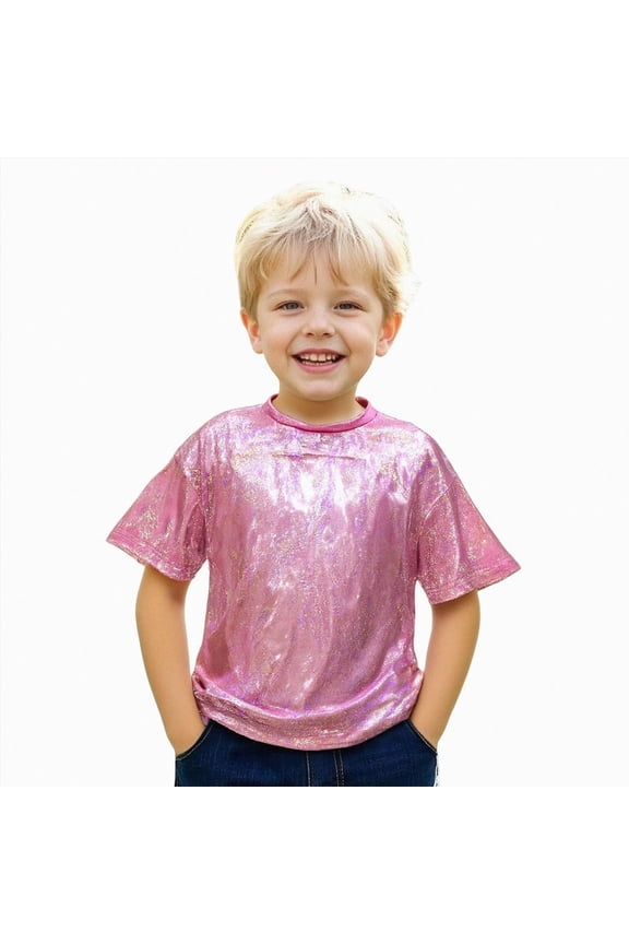 Kids Boys Girls Metallic Shiny T-Shirt Dance Tops Short Sleeves Loose T-Shirt for Performance(Hot Pink,16-17 Years)