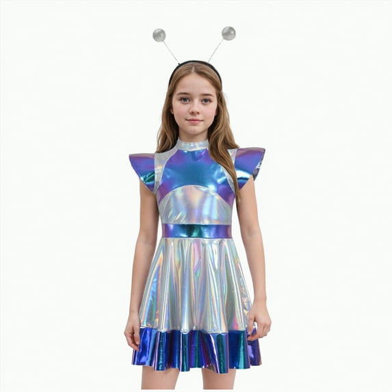 mgoYE Kids Girls Halloween Clothes Alien Metallic Dress Kids Sparkly Shiny Dresses Twirl Swing Dresses with Hair Hoop Set|White 6-7 Years