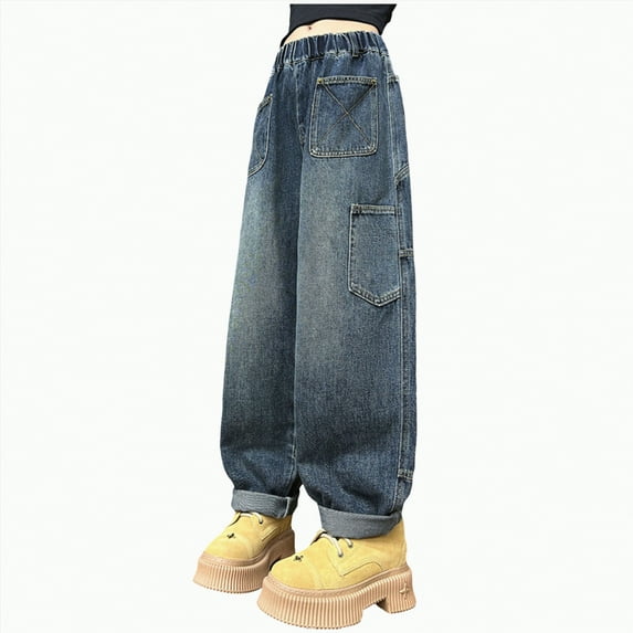 mgoYE Kids Jeans for Girl 4-16 Girls Jeans Baggy Wide Leg Ripped Denim Pants Heart & Flower Print High Elastic Waisted Y2K Skater Outfits Baggy Jeans for Girls(Grey,11-12 Years)