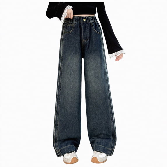 mgoYE Kids Jeans for Girl 4-16 Girl's Ripped Flare Bell Bottom Jeans High Waist Denim Pants with Pockets Kids Jeans Girls(Dark Blue,9-10 Years)