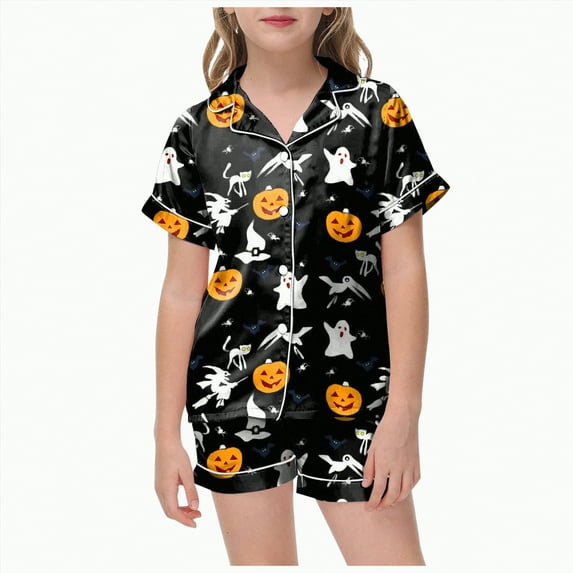 mgoYE Kids Pajamas Girls Girls Satin Pajama Set Halloween Pumpkin Ghost Print Shirts and Shorts Short Sleeve Button Soft 2 Piece Outfits|Black 4-5 Years