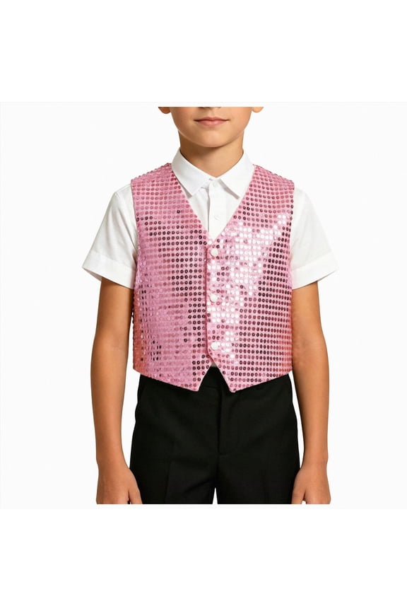 Kids Sequin Vest for Boy Girls Sparkly Shiny Vest Sleeveless Shirt Dance Party Clothes(Pink,12-13 Years)