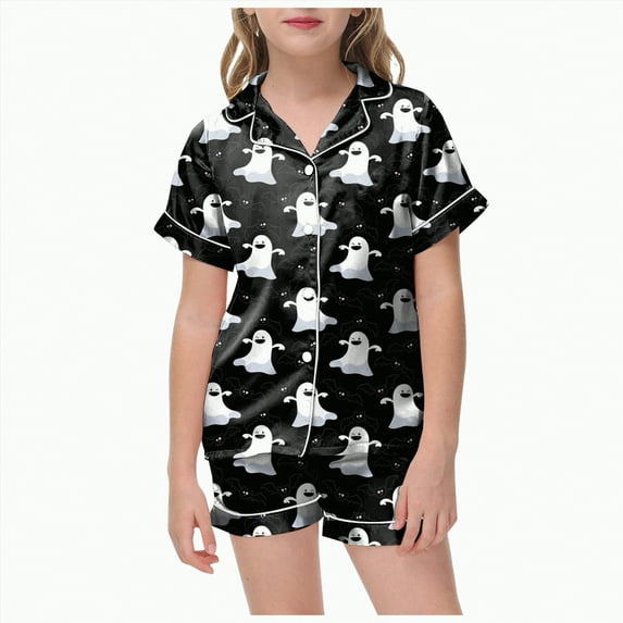 mgoYE Kids Silk Pajamas Girls Silk Satin Pajama Set Halloween Pumpkin Print Short Sleeve Button Shirts and Shorts 2 Piece Sleepwear|Black 10-11 Years