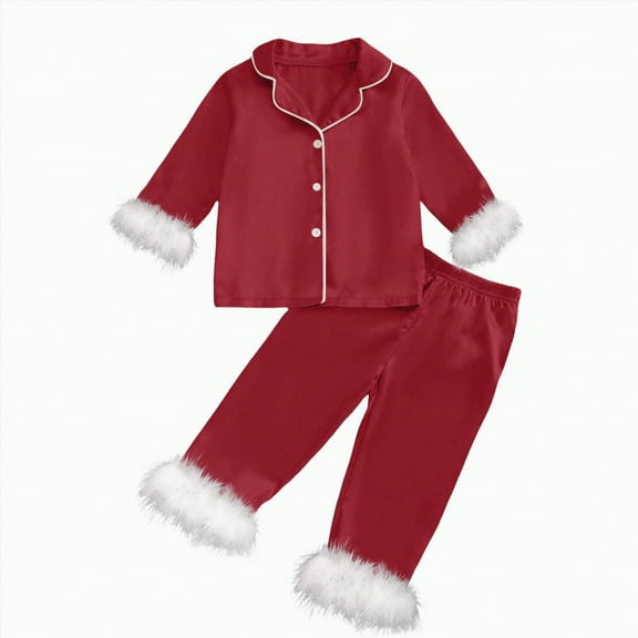 mgoYE Kids Toddler Girl Christmas Pajamas Fuzzy Trim Long Sleeve Button Shirt Top and Pants 2pcs Pjs Sets Sleepwear|Red 2-3 Years