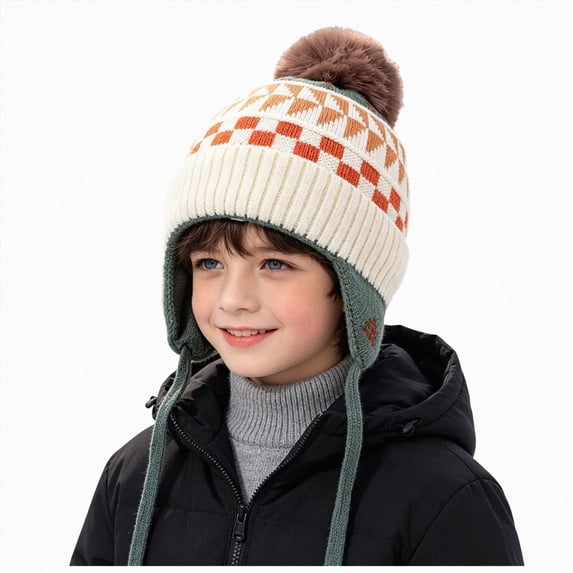mgoYE Kids Winter Beanie Hat with Ear Flaps, Knitted Pom Pom Design, Fleece Lined, Warm Winter Hat for Boys and Girls