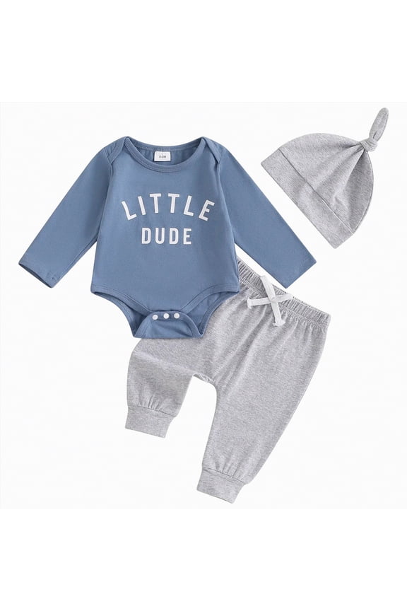 Little Dude Baby Boy Outfit Newborn Coming Home Clothes Infant Long Sleeve Romper Bodysuit Shirt Top and Pants Set with Hat(Blue,6-9 Months)