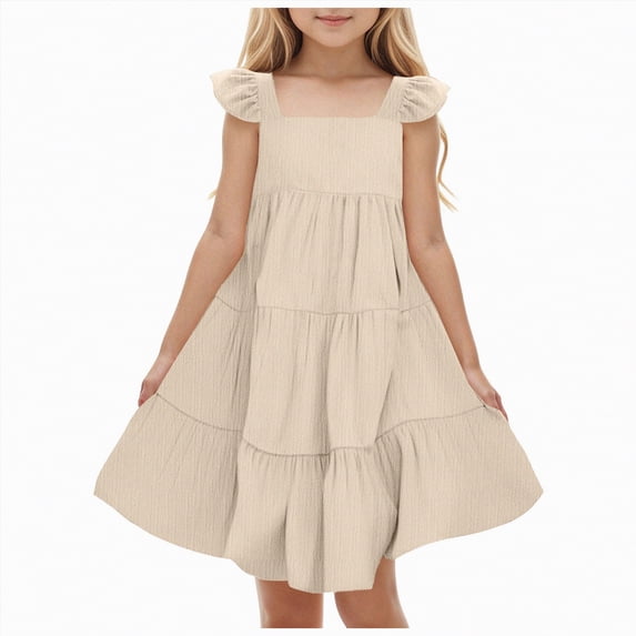 mgoYE Little Girl Easter Dress Toddler Baby Girls Dress Summer Ruffle Sleeve Halter Casual Kids Beach Sundress(Beige,5-6 Years)