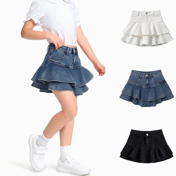 mgoYE Little Girl's Denim Skirts 6 12 18 24M 2-13T Mini Flared Pleated Toddler Big Jean Skorts with Shorts Underneath(Black,6-12 Months)