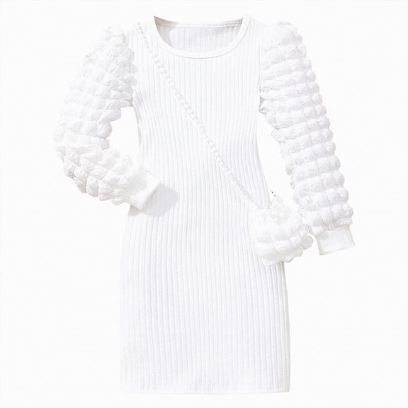 mgoYE Little Girls Ruffle Lantern Long Sleeve Knit Elastic Dress Fall Holiday Party Dress with Bag(White,3-4 Years)