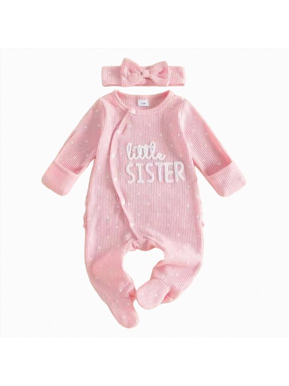 Little Sister Newborn Baby Girl Fall Outfits Romper Long Sleeve Jumpsuit Romper with Mitten Cuffs Newborn Coming Home Outfit 0-1Months