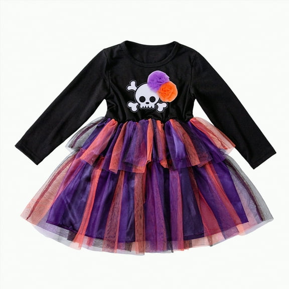 mgoYE Little Toddler Girl’s Halloween Skeleton Dress Tutu Dress Party Dress - Fluffy Tulle Skirt|Orange 3-4 Years
