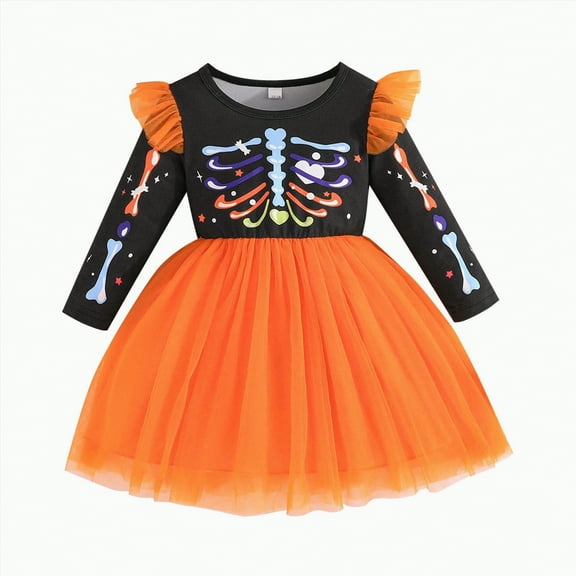 mgoYE Little Toddler Girl’s Halloween Skeleton Dress Tutu Dress Party Dress - Fluffy Tulle Skirt|Orange 9-12 Months